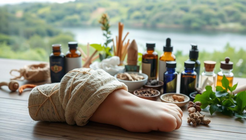 A holistic scene of natural joint pain relief remedies. In the foreground, a soothing herbal compress or poultice rests on a joint, its natural ingredients gently soothing inflammation. In the middle ground, a variety of medicinal herbs, spices, and essential oils are arranged, each with its own unique healing properties. In the background, a peaceful landscape with lush greenery and a serene body of water, conveying a sense of tranquility and balance. The lighting is soft and diffused, creating a calming, therapeutic atmosphere. The camera angle is slightly elevated, providing a comprehensive, harmonious view of the holistic joint pain relief scene.
