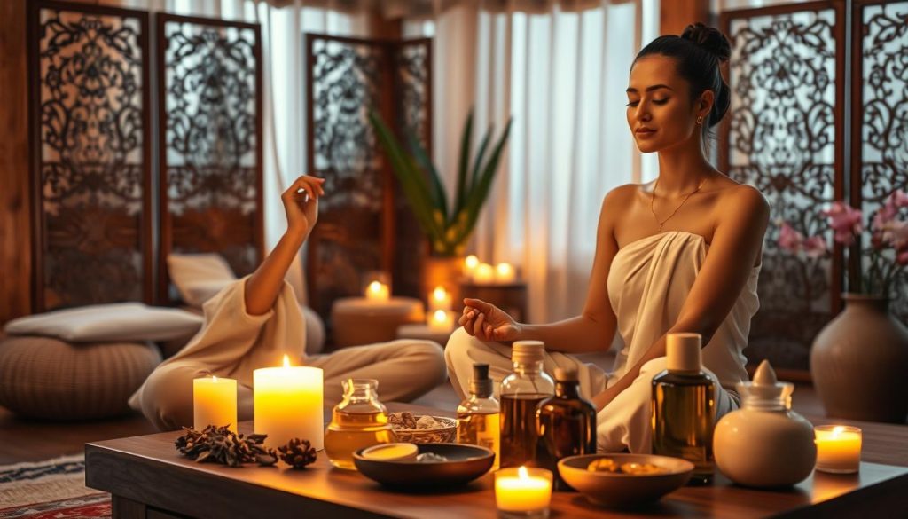 A serene evening scene of traditional Ayurvedic beauty rituals. In the foreground, a woman sits cross-legged, applying a rich, fragrant oil to her face with her fingertips, her expression peaceful and meditative. Beside her, an array of Ayurvedic herbs, oils, and natural exfoliants arranged on a low wooden table. Warm candlelight casts a soft glow, creating an atmosphere of tranquility and self-care. The background features the cozy interior of a traditional Ayurvedic wellness center, with hints of carved wooden screens and gentle floral accents. The overall mood is one of relaxation, rejuvenation, and a holistic approach to beauty and well-being.