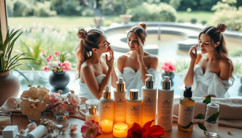 A serene spa-like setting with delicate floral arrangements, warm lighting, and soothing Ayurvedic skincare products meticulously arranged in the foreground. The middle ground features three women, each representing a different Ayurvedic dosha (Vata, Pitta, Kapha), engaged in their personalized skincare routines. Soft, diffused lighting illuminates their radiant, glowing complexions. The background showcases a peaceful, natural landscape with lush greenery and a calming water feature, creating a harmonious and tranquil atmosphere.