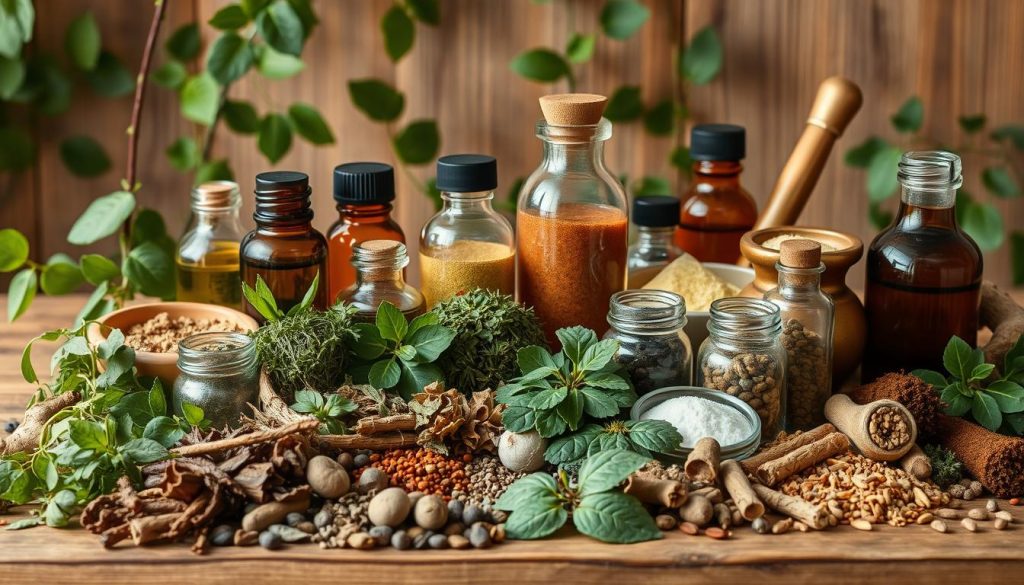 A still life arrangement of an assortment of Ayurvedic herbs and remedies, beautifully displayed on a wooden table. In the foreground, various dried herbs, spices, and medicinal roots are neatly arranged, their vibrant colors and textures contrasting with the warm-toned wood. In the middle ground, glass jars filled with aromatic oils, tinctures, and powders stand alongside a brass mortar and pestle. The background features lush, green leaves and vines, hinting at the natural origins of these ancient remedies. Soft, diffused lighting casts a soothing, earthy glow over the scene, conveying a sense of tranquility and wellness. The overall composition is balanced, inviting the viewer to explore the healing power of Ayurvedic botanicals.