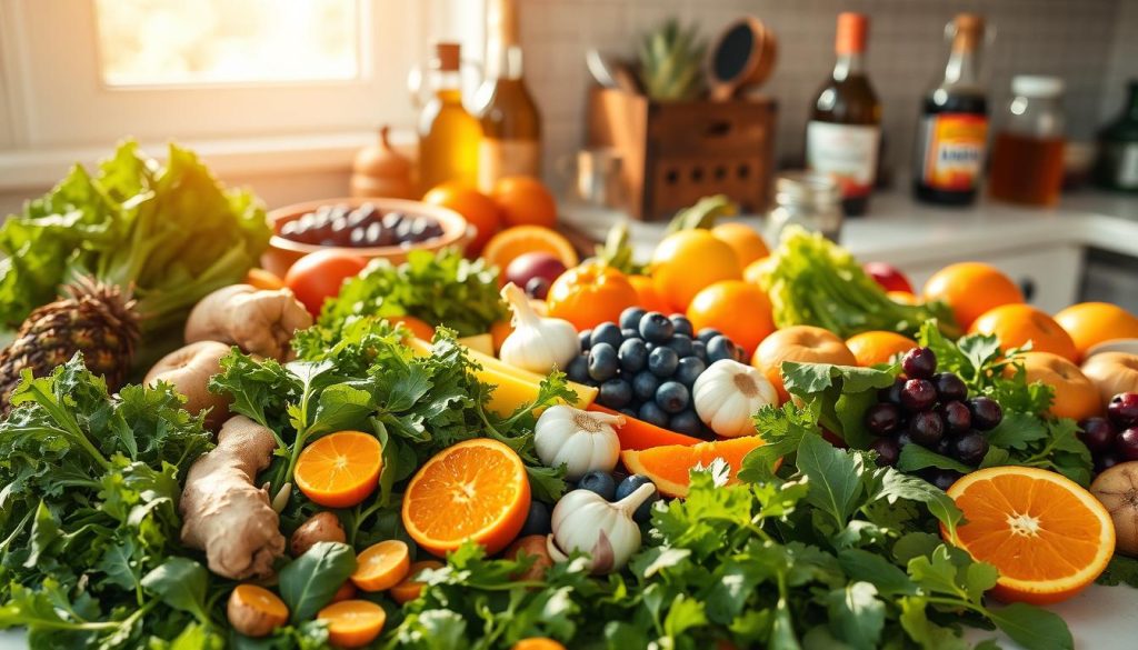 A sunlit kitchen counter filled with a vibrant array of anti-inflammatory superfoods. In the foreground, a selection of leafy greens like kale, spinach, and arugula, with sliced ginger, turmeric, and garlic scattered throughout. In the middle ground, an assortment of colorful fruits such as blueberries, pineapple, and oranges. In the background, jars of olive oil and apple cider vinegar stand ready to dress this wholesome spread. The lighting is warm and natural, casting a golden glow over the scene, evoking a sense of health and vitality. A clean, minimalist aesthetic emphasizes the simple, nourishing ingredients that can help soothe joint inflammation.