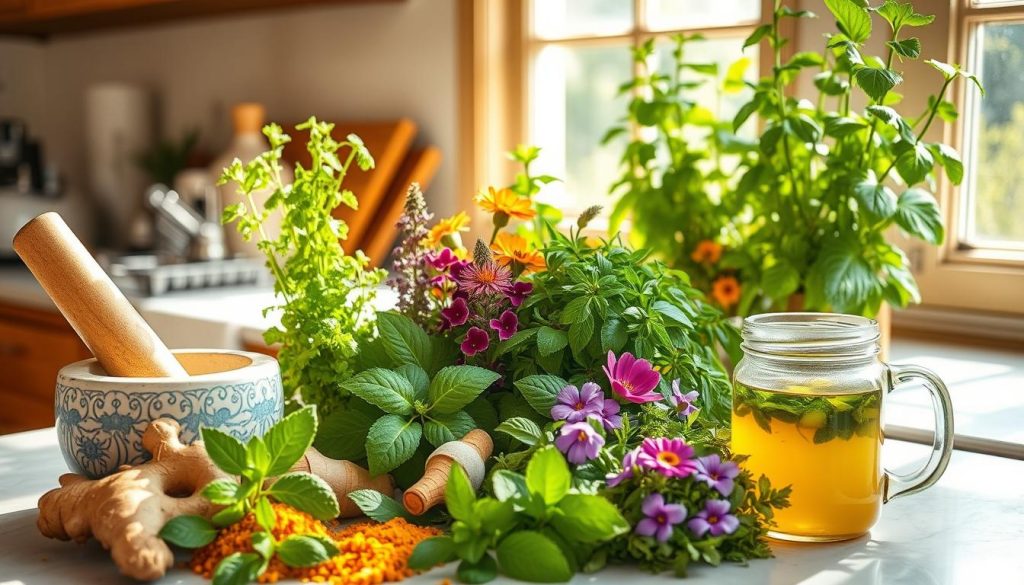 A sunlit kitchen counter with an assortment of freshly harvested herbs, vibrant and lush, arranged in a harmonious display. In the foreground, a mortar and pestle grinds together a blend of ginger, turmeric, and peppermint, while a glass jar of soothing herbal tea steams nearby. The middle ground showcases a variety of healing plants, their leaves and flowers in shades of green, purple, and orange, each with a distinct purpose for aiding digestive health. In the background, a window provides natural illumination, casting a warm glow over the scene, evoking a sense of wellness and tranquility.