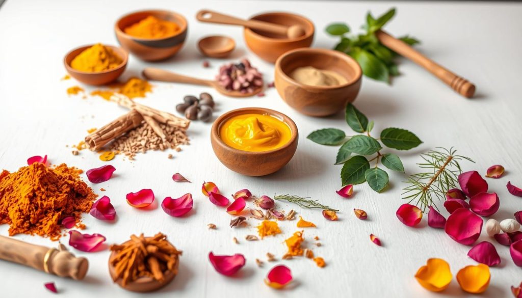 A vibrant collection of Ayurvedic face masks presented on a clean, white background. In the foreground, an array of natural ingredients such as turmeric, sandalwood, neem, and rose petals are artfully arranged, their rich hues and textures contrasting beautifully. In the middle ground, a selection of handcrafted clay bowls and wooden utensils hint at the DIY process. The lighting is soft and diffused, creating a serene, spa-like atmosphere that invites the viewer to experience the ancient wisdom of Ayurvedic skincare. The overall composition evokes a sense of balance, purity, and the restorative power of these holistic facial treatments.