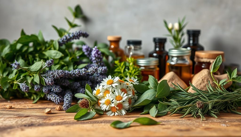 A vibrant still life showcasing a curated collection of essential healing herbs. In the foreground, a rustic wooden table displays an assortment of lush, verdant leaves and fragrant botanicals, including fragrant lavender, soothing chamomile, and the deep green of rosemary. Soft, natural lighting casts a warm, earthy glow, highlighting the intricate details and textures of the plant materials. In the middle ground, jars and bottles containing tinctures, oils, and salves suggest the transformative potential of these herbal remedies. The background features a neutral, muted backdrop, allowing the vibrant hues and organic forms of the plants to take center stage. The overall composition conveys a sense of tranquility, wellness, and the restorative power of nature's botanical bounty.